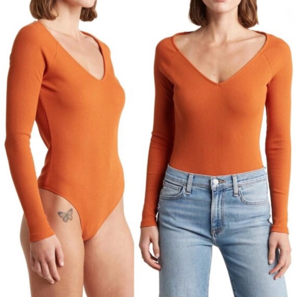 L'AGENCE Winona Rust Vibrant Orange Ribbed Long sleeve Bodysuit Med New